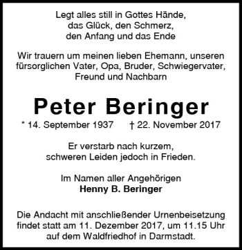 Traueranzeige von Peter Beringer von Trauerportal Echo Online