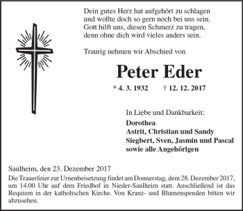 Traueranzeige von Peter Eder von Trauerportal Rhein Main Presse