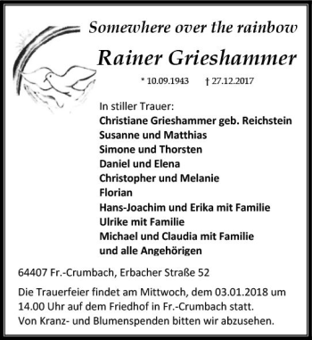 Traueranzeige von Rainer Grieshammer von Trauerportal Echo Online