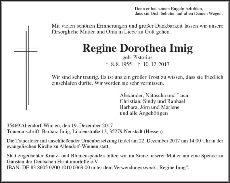  Traueranzeige für Regine Dorothea Imig vom 19.12.2017 aus  Gießener Anzeiger