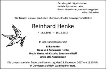 Traueranzeige von Reinhard Henke von Trauerportal Echo Online
