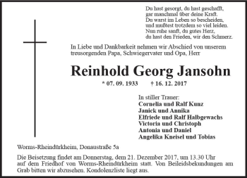Traueranzeige von Reinhold Georg Jansohn von Trauerportal Rhein Main Presse