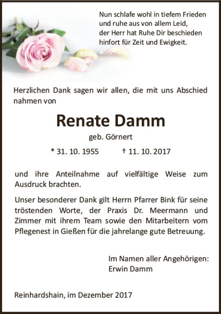  Traueranzeige für Renate Damm vom 09.12.2017 aus  Gießener Anzeiger