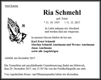 Traueranzeige von Ria Schmehl von VRM Trauer