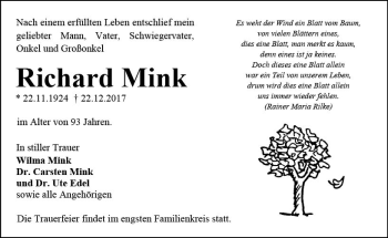 Traueranzeige von Richard Mink von Trauerportal Echo Online