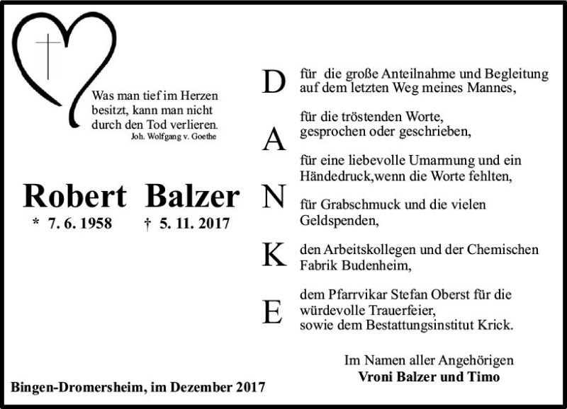  Traueranzeige für Robert Balzer vom 16.12.2017 aus Trauerportal Rhein Main Presse