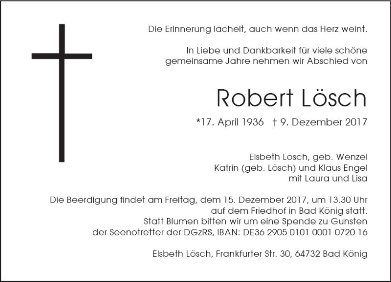  Traueranzeige für Robert Lösch vom 13.12.2017 aus Trauerportal Echo Online