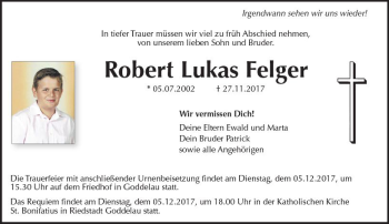 Traueranzeige von Robert Lukas Felger von Trauerportal Echo Online