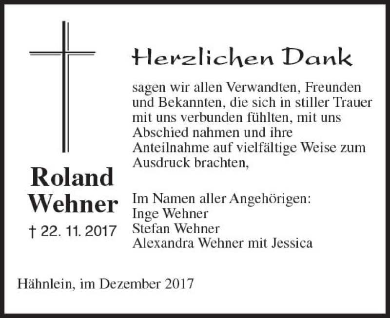  Traueranzeige für Roland Wehner vom 09.12.2017 aus Trauerportal Echo Online