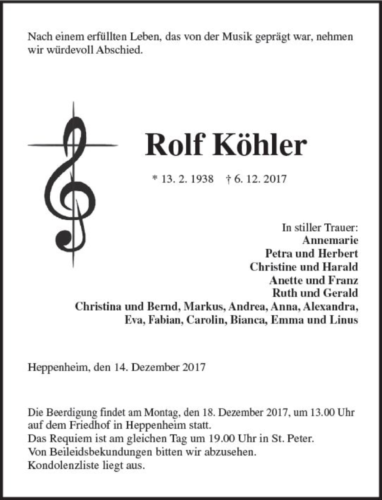  Traueranzeige für Rolf Köhler vom 14.12.2017 aus Trauerportal Echo Online