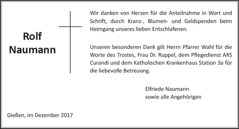  Traueranzeige für Rolf Naumann vom 09.12.2017 aus  Gießener Anzeiger