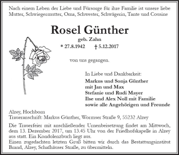 Traueranzeige von Rosel Günther von Trauerportal Rhein Main Presse