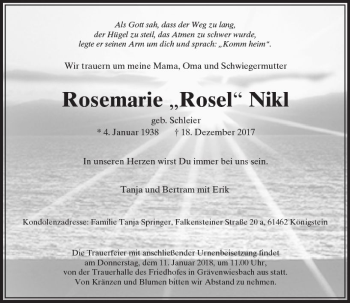 Traueranzeige von Rosemarie  Nikl von  Usinger Anzeiger