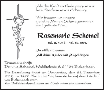Traueranzeige von Rosemarie Schemel von Trauerportal Echo Online