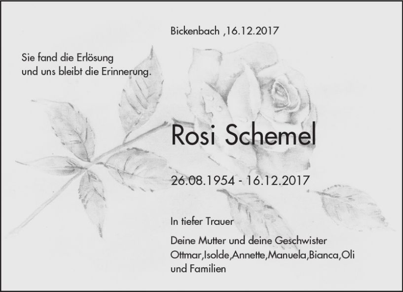 Traueranzeige für Rosi Schemel vom 20.12.2017 aus Trauerportal Rhein Main Presse