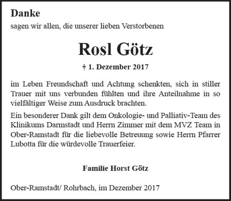  Traueranzeige für Rosl Götz vom 23.12.2017 aus Trauerportal Echo Online