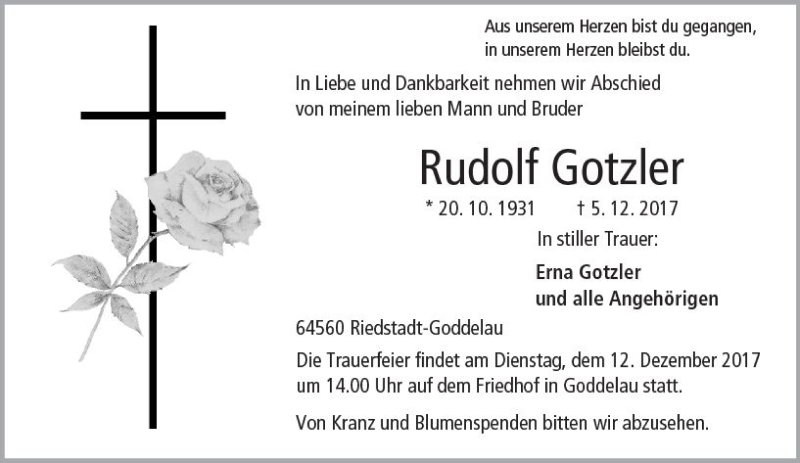  Traueranzeige für Rudolf Gotzler vom 09.12.2017 aus Trauerportal Echo Online