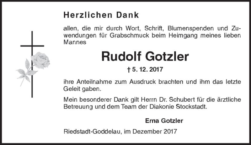  Traueranzeige für Rudolf Gotzler vom 16.12.2017 aus Trauerportal Echo Online