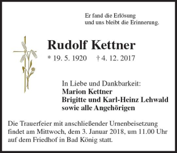 Traueranzeige von Rudolf Kettner von Trauerportal Echo Online