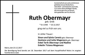 Traueranzeige von Ruth Obermayer von Trauerportal Rhein Main Presse