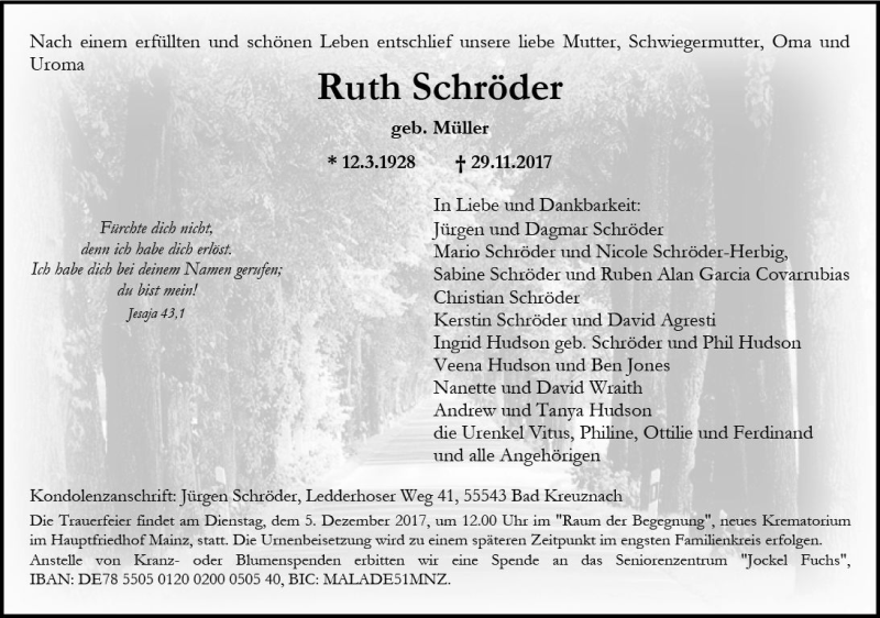  Traueranzeige für Ruth Schröder vom 02.12.2017 aus Trauerportal Rhein Main Presse