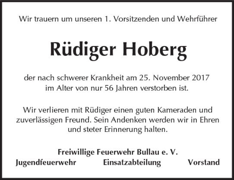  Traueranzeige für Rüdiger Hoberg vom 02.12.2017 aus Trauerportal Echo Online
