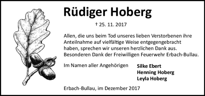  Traueranzeige für Rüdiger Hoberg vom 22.12.2017 aus Trauerportal Echo Online