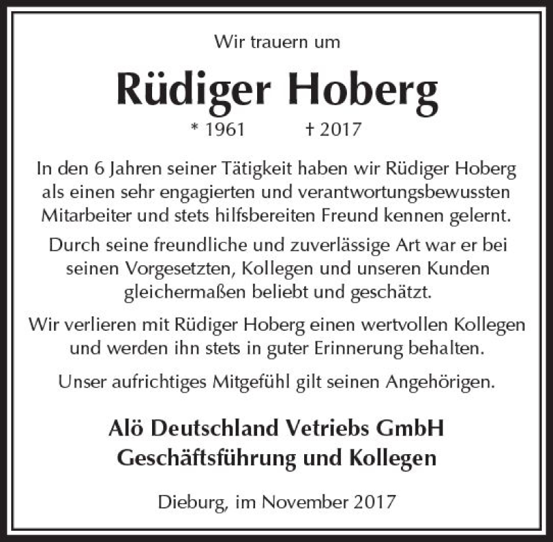  Traueranzeige für Rüdiger Hoberg vom 02.12.2017 aus Trauerportal Echo Online