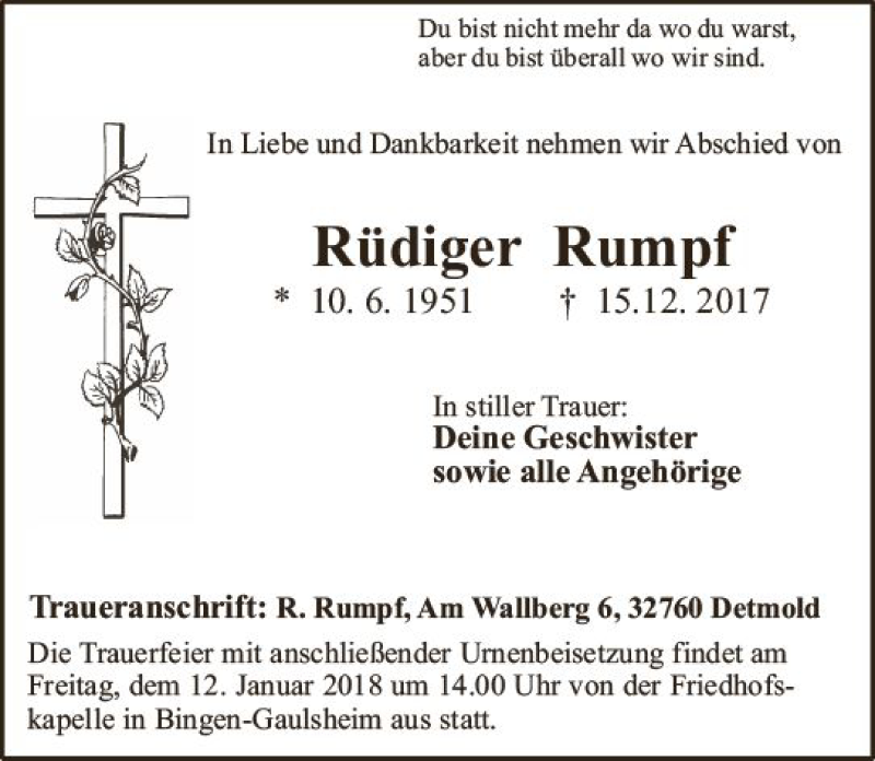  Traueranzeige für Rüdiger Rumpf vom 30.12.2017 aus Trauerportal Rhein Main Presse