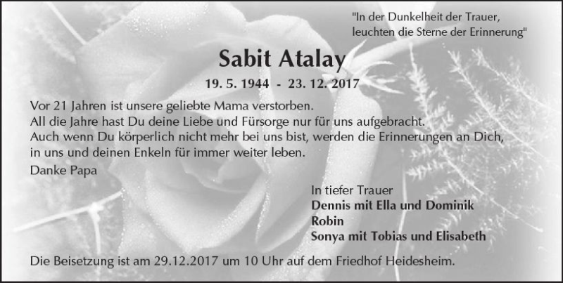  Traueranzeige für Sabit Atalay vom 28.12.2017 aus Trauerportal Rhein Main Presse