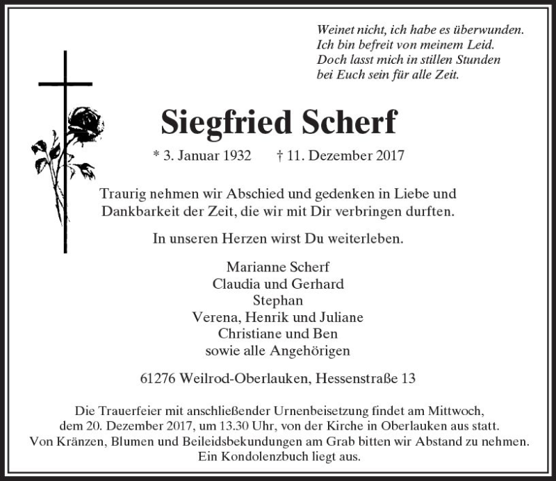  Traueranzeige für Siegfried Scherf vom 16.12.2017 aus  Usinger Anzeiger