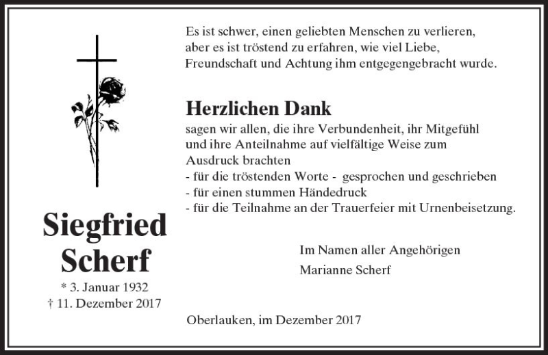  Traueranzeige für Siegfried Scherf vom 30.12.2017 aus  Usinger Anzeiger