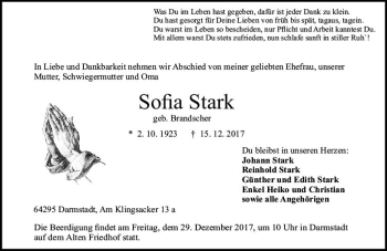 Traueranzeige von Sofia Stark von Trauerportal Echo Online