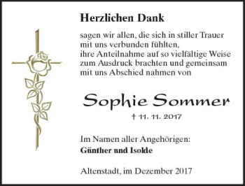 Traueranzeige von Sophie Sommer von  Kreisanzeiger