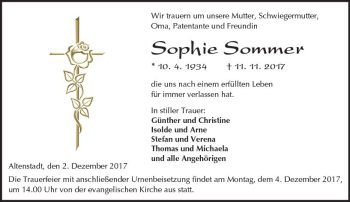 Traueranzeige von Sophie Sommer von  Kreisanzeiger