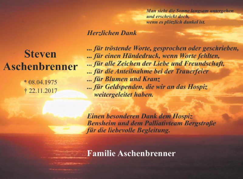  Traueranzeige für Steven Aschenbrenner vom 20.12.2017 aus Trauerportal Echo Online