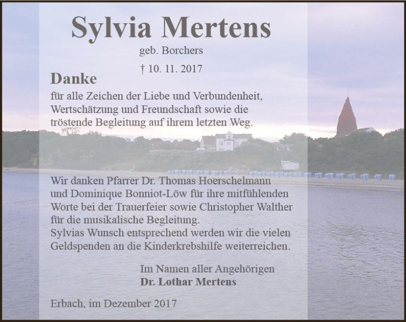  Traueranzeige für Sylvia Mertens vom 16.12.2017 aus Trauerportal Echo Online