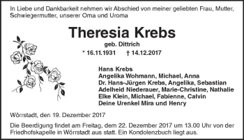 Traueranzeige von Theresia Krebs von Trauerportal Rhein Main Presse
