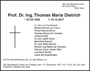Traueranzeige von Thomas Maria Dietrich von Trauerportal Echo Online