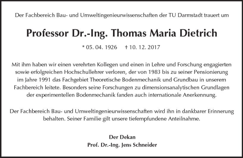  Traueranzeige für Thomas Maria Dietrich vom 16.12.2017 aus Trauerportal Echo Online