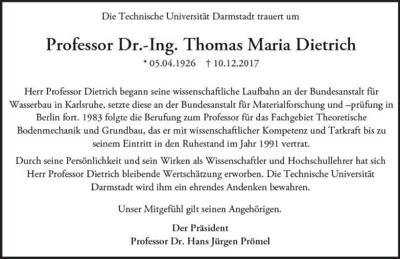  Traueranzeige für Thomas Maria Dietrich vom 16.12.2017 aus Trauerportal Echo Online