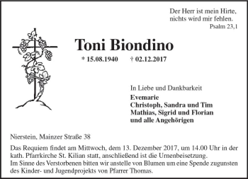 Traueranzeige von Toni Biondino von Trauerportal Rhein Main Presse