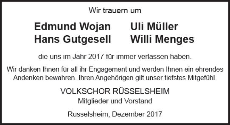  Traueranzeige für Uli Müller vom 29.12.2017 aus Trauerportal Rhein Main Presse