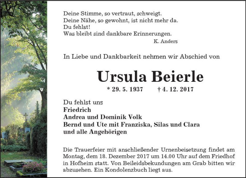  Traueranzeige für Ursula Beierle vom 09.12.2017 aus Trauerportal Rhein Main Presse