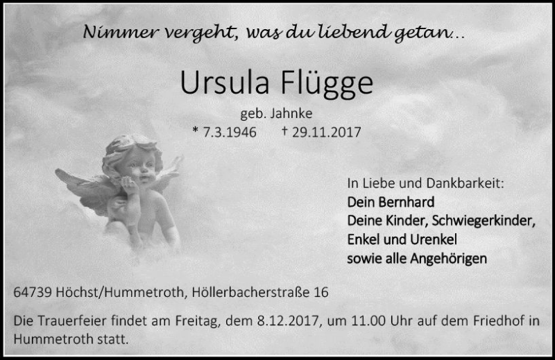 Traueranzeige für Ursula Flügge vom 06.12.2017 aus Trauerportal Echo Online
