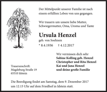 Traueranzeige von Ursula Henzel von Trauerportal Rhein Main Presse