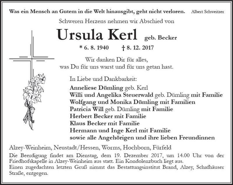  Traueranzeige für Ursula Kerl vom 14.12.2017 aus Trauerportal Rhein Main Presse