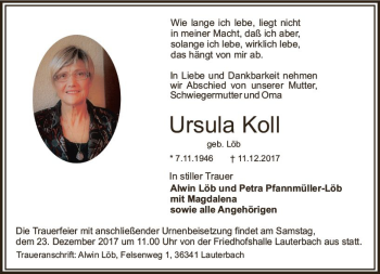 Traueranzeige von Ursula Koll von VRM Trauer