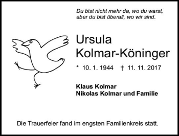 Traueranzeige von Ursula Kolmar-Königer von Trauerportal Echo Online