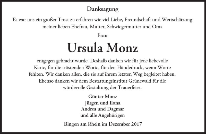  Traueranzeige für Ursula Monz vom 16.12.2017 aus Trauerportal Rhein Main Presse